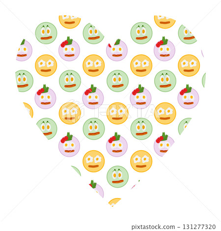 Hard Boiled and Fried Eggs and Sausage Like like smiley faces on Round Plate. Heart Shape Pattern 131277320