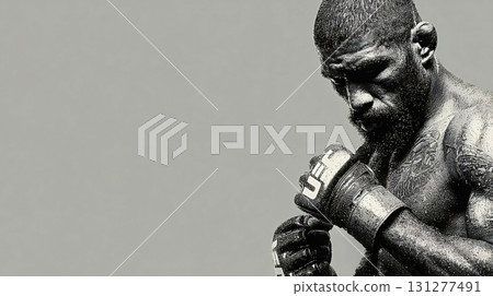 Mma fighter wearing ufc gloves preparing for combat sport 131277491