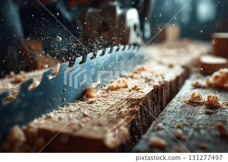 Circular saw cutting wooden plank with sawdust flying around 131277497