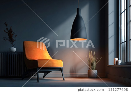 Modern interior design with orange armchair and pendant lamp 131277498