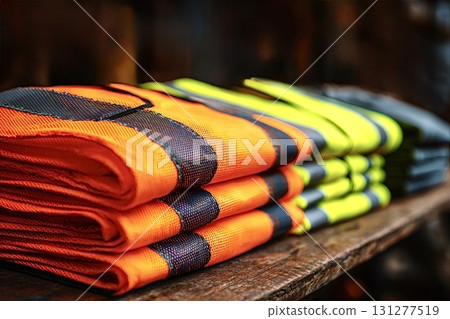 Folded safety vests on wooden shelf promoting workplace safety 131277519