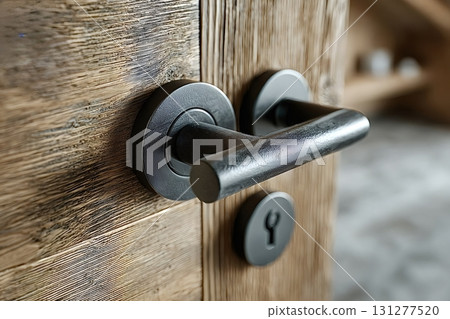 Modern metal door handle on rustic wooden door 131277520