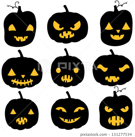 Vectorr pumpkin silhouettes in black color with yellow eyes and mouths - different expressions for Halloween invitations and backgrounds 131277534
