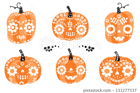 Cute Halloween vector set with funny carved pumpkins with faces with different expressions, Dia de los Muertos graphic design elements and decor 131277537