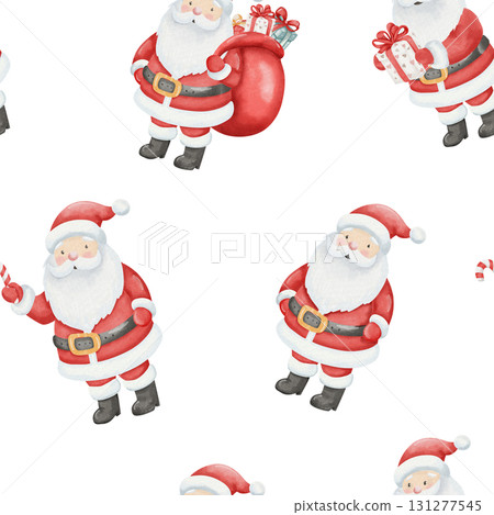 Seamless watercolor pattern with smiling Santa Clauses in different poses. Gifts, candy canes, red bag. Symbol of New Year and Christmas. White background 131277545