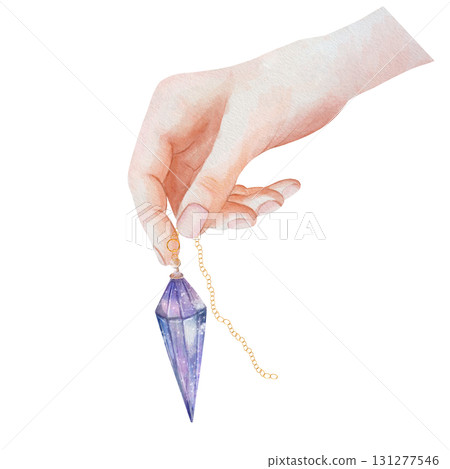 Watercolor illustration of female hand holding crystal pendulum on golden chain. Mystical divination tool for spiritual practices, energy healing, and esoteric design. White background Watercolor illustration of female hand holding crystal pendulum on golden chain. Mystical divination tool for spiritual practices, energy healing, and esoteric design. White background 131277546