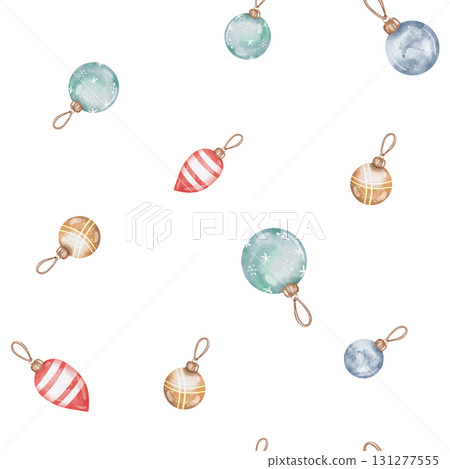 Seamless watercolor pattern with design of multicolored Christmas tree decorations. Glass balls in gold, blue, and red for the Christmas tree. Festive illustration, white background Seamless watercolor pattern with design of multicolored Christmas tree decorations. Glass balls in gold, blue, and red for the Christmas tree. Festive illustration, white background 131277555