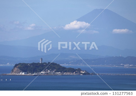 View of Enoshima and Mt. Fuji from Hiroyama Park 131277563