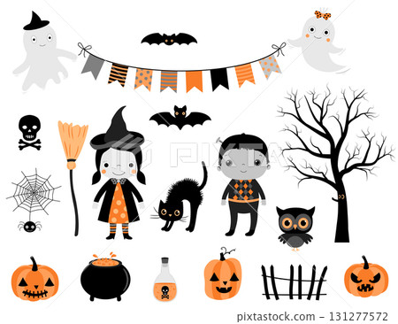 Stylish Halloween set in grey, orange and black colors with kid characters in costumes and design elements for greeting cards, invitations and scrapbooking 131277572