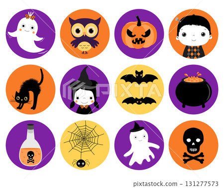 Cute Halloween vector icons in flat style - round circle shape in orange, purple and black colors Cute Halloween vector icons in flat style - round circle shape in orange, purple and black colors 131277573
