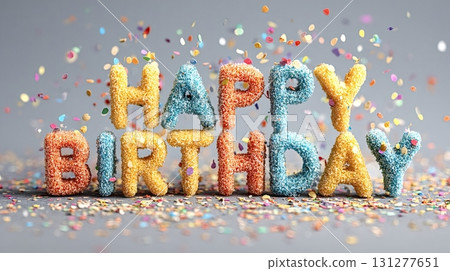 Happy birthday colorful text with falling confetti on gray background Happy birthday colorful text with falling confetti on gray background 131277651