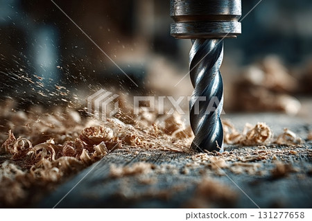 Drill bit making hole in wood with sawdust and shavings flying 131277658
