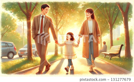 Illustration of a young girl walking hand in hand with her mother and father 131277679