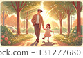 Illustration of a smiling girl walking hand in hand with her dad 131277680