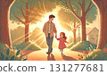 An illustration of a smiling girl walking hand in hand with her young father in the sunlight filtering through the trees 131277681