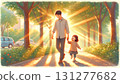 Illustration of a girl holding hands and walking with her young father 131277682