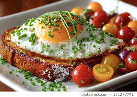 Fried egg on toasted bread with cherry tomatoes and chives 131277741