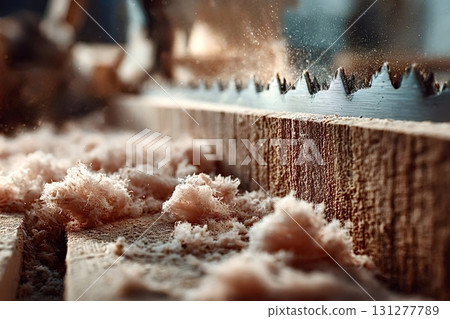 Saw cutting wood plank and producing sawdust in workshop Saw cutting wood plank and producing sawdust in workshop 131277789