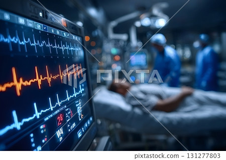 Electrocardiogram monitor displaying patient's vital signs during surgery 131277803