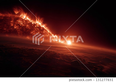 Solar prominences erupting from sun over planet surface 131277831