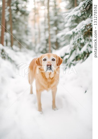 站在雪林中的拉布拉多獵犬的側面像 131278592
