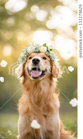戴著花冠的微笑黃金獵犬 131278629