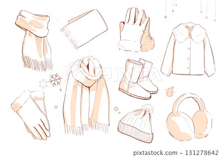 一套溫暖的冬季服裝（帶白色油漆陰影）|圍巾，手套， 131278642