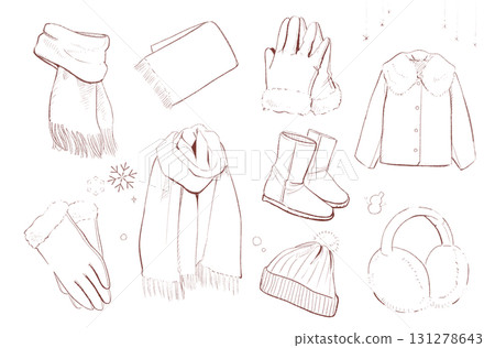 Set of warm winter clothing items (with white paint shadows) | Scarf, gloves, coat 131278643