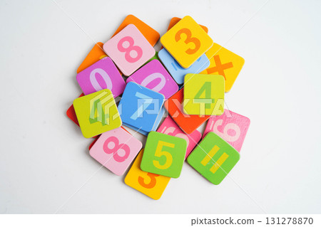Number wood block cubes for learning Mathematic, education math concept. 131278870