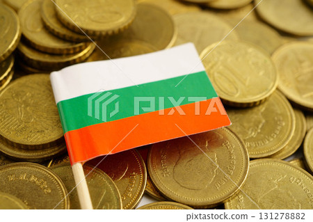 Bulgaria flag on coins background, finance and accounting, banking concept. 131278882