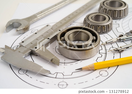 Engineering and precision tools with metal ball bering, mechanical industrial. 131278912