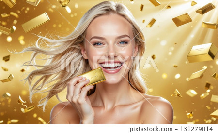 A blonde woman rejoices as she holds a gold nugget in her hand while money flies around her. 131279014