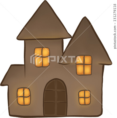 Sticker element with a spooky haunted house, scary castle. Halloween illustration. 131279118
