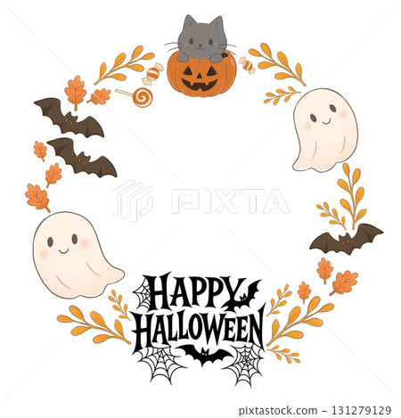 Illustration of a round Halloween-style wreath with ghosts and a cat. Design for cards and invitations. Cute design for Halloween. 131279129
