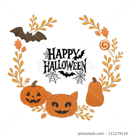 Illustration of a round Halloween-style wreath. Design for cards and invitations. Cute design for Halloween. 131279130