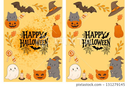 Yellow Halloween card with cute illustrations featuring cats and Halloween attributes 131279145