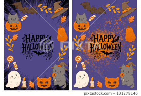 Purple Halloween card with cute illustrations featuring cats and Halloween attributes 131279146