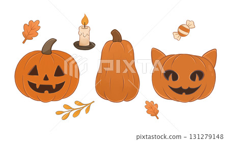 A set with cute pumpkin illustrations featuring candles and autumn leaves. Halloween elements. 131279148
