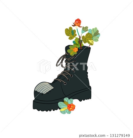 Illustration of black boot lost in the forest with northern cloudberries 131279149