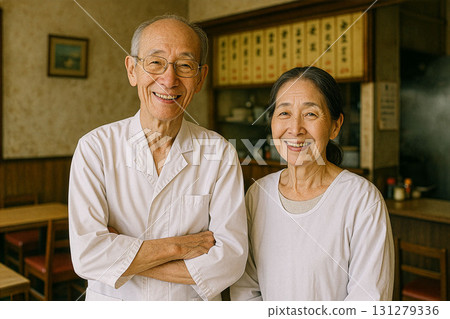 套餐餐廳，當地中餐館，微笑的老闆和丈夫 131279336