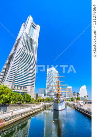 Yokohama cityscape in Japan, in front of Sakuragicho Station. Views of Yokohama Landmark Tower and Nippon Maru. A ray of hope for tomorrow. 131279664