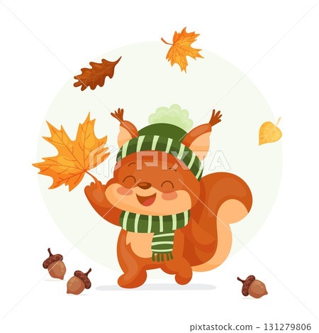 Autumn squirrel composition with leaves and acorns 131279806