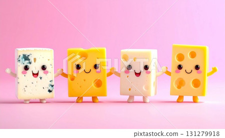 Square cheese characters holding hands - Generative AI 131279918