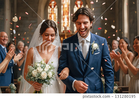 新娘和新郎在花陣雨 新娘和新郎在花陣雨 131280195