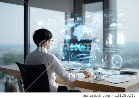 A scene where a businessman receives a suggestion from AI on a digital interface 131280213