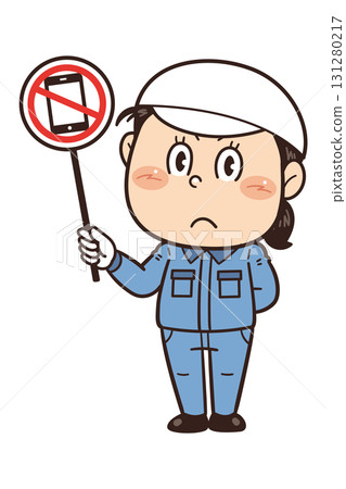 【禁止使用智慧型手機】工廠女工手持禁止標誌的插圖｜不安全行為、不安全條件和工作場所事故 131280217