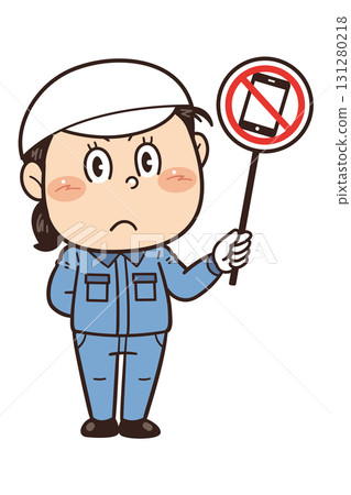 [Smartphone use prohibited] Illustration of a female worker working in a factory or on-site holding a prohibition sign 131280218