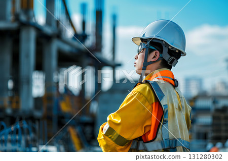 Japanese workers checking the surroundings at a construction site Japanese workers checking the surroundings at a construction site 131280302