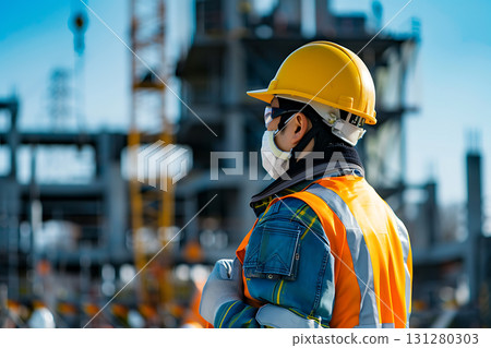 Japanese workers checking the surroundings at a construction site Japanese workers checking the surroundings at a construction site 131280303