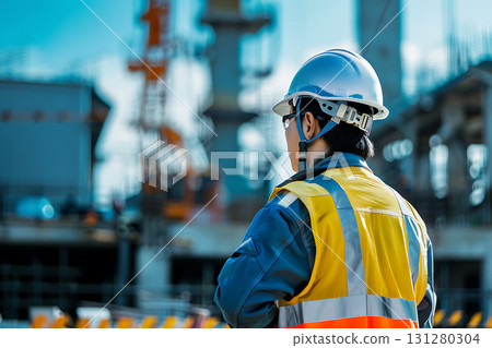 日本工人在建築工地檢查周圍環境 131280304